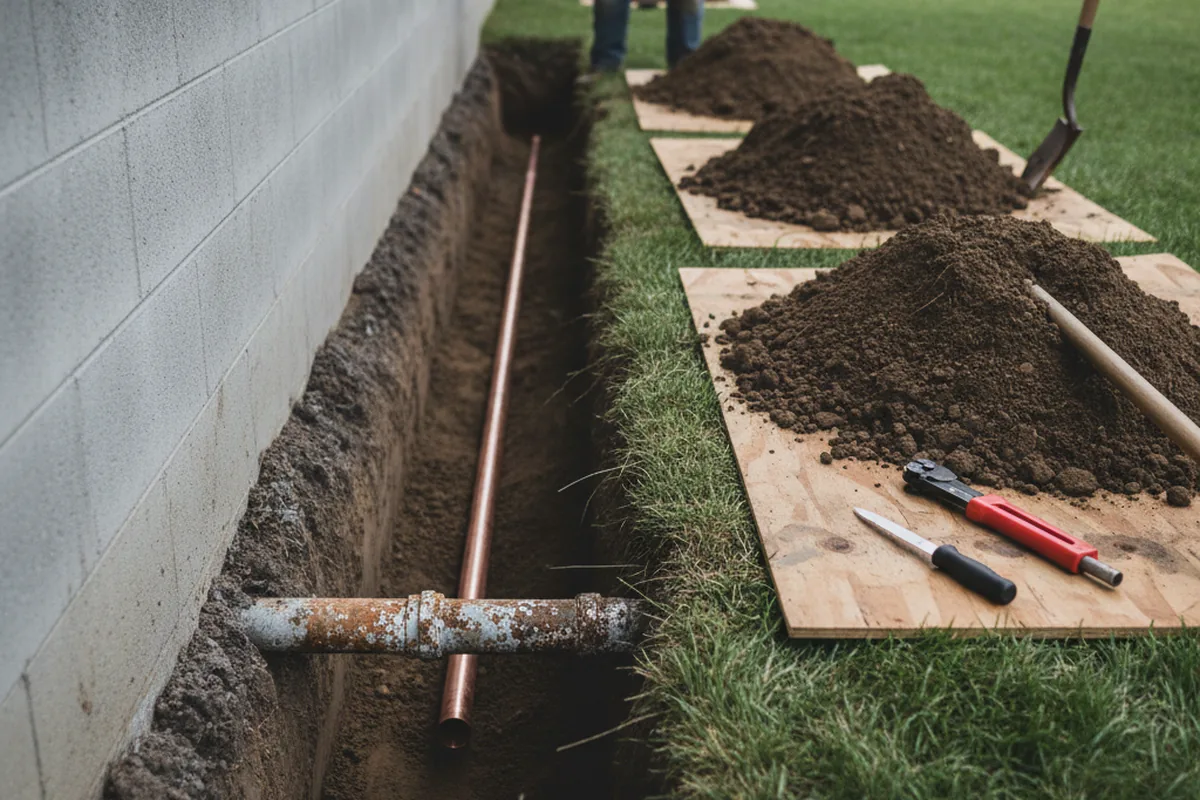Excavated water line trench during Sewer Line Repair in Printer